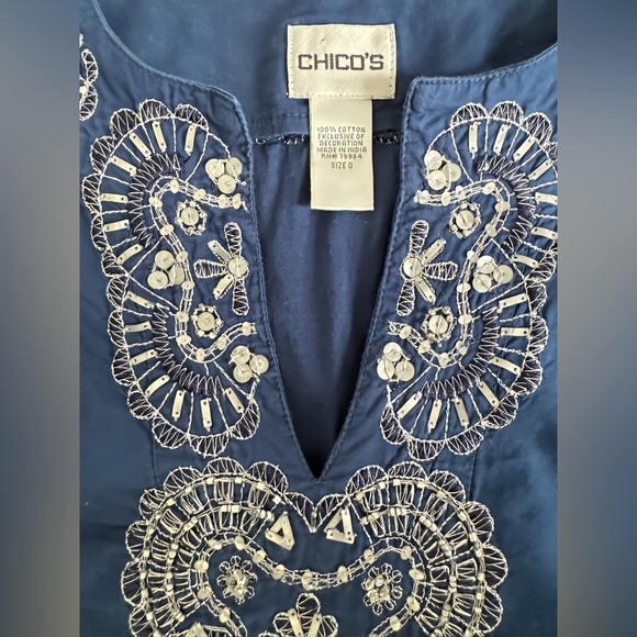 Chico’s Embroidered Navy Tunic Top 0 (Small, US 4–6) Cotton Beaded Sequin Boho - Picture 5 of 8
